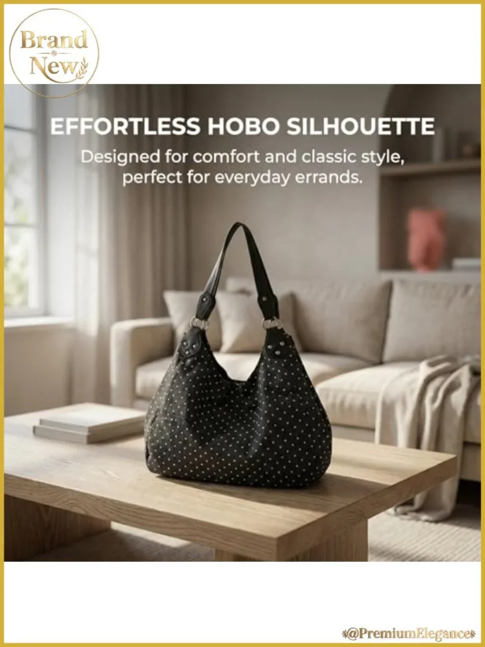 Polka Dot Slouchy Hobo Shoulder Bag, Studded Tote with Front Zipper, Y2K Retro